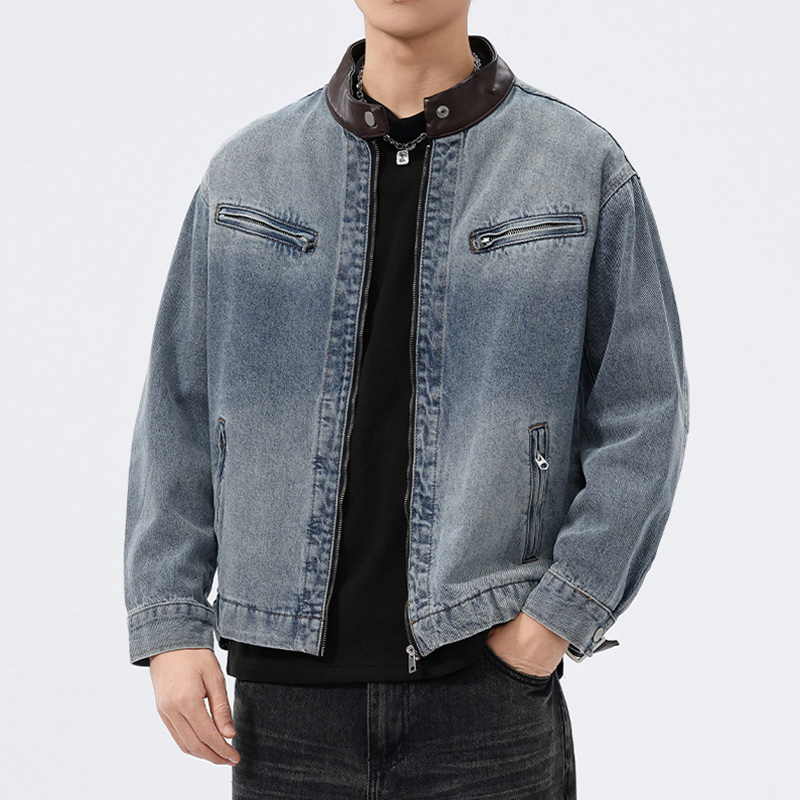 Leather Work Jacket - Stand Leren Kraag Denim Jas Heren