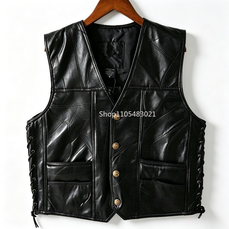 Leather Work Jacket - Zwart patchwork leren biker vest voor