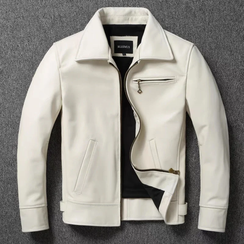 Leather Work Jacket - Heren Echt Leren Jas Wit Revers