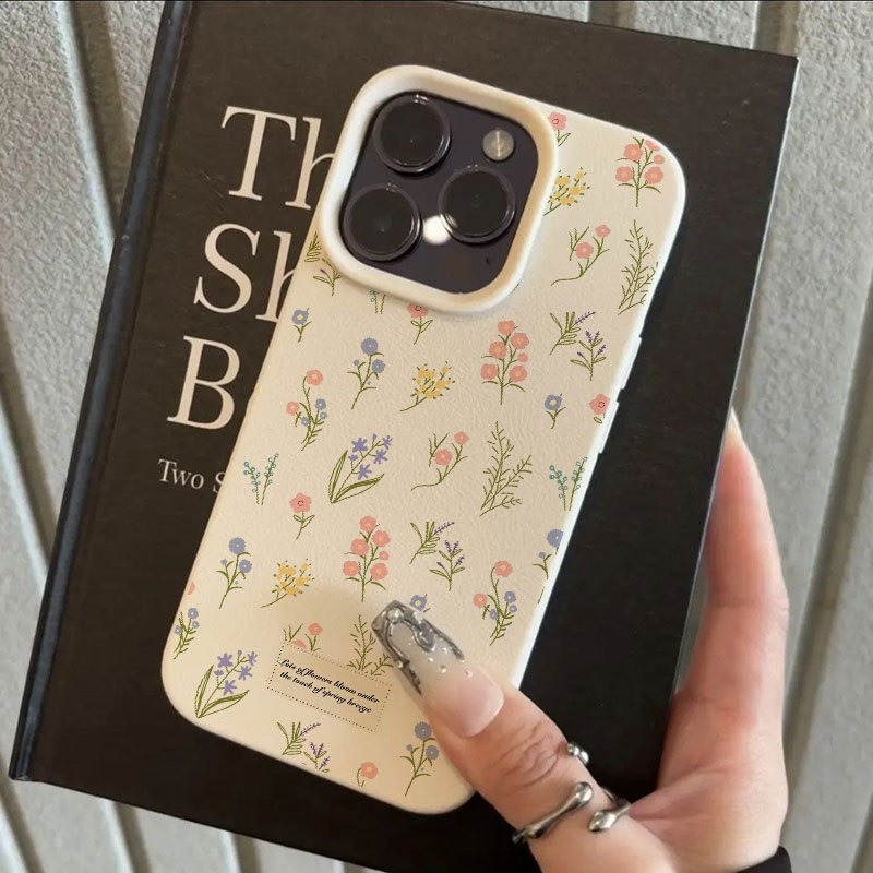 Leather X - Roze Blauw Bloemmotief Lychee Textuur Telefoonhoesje
